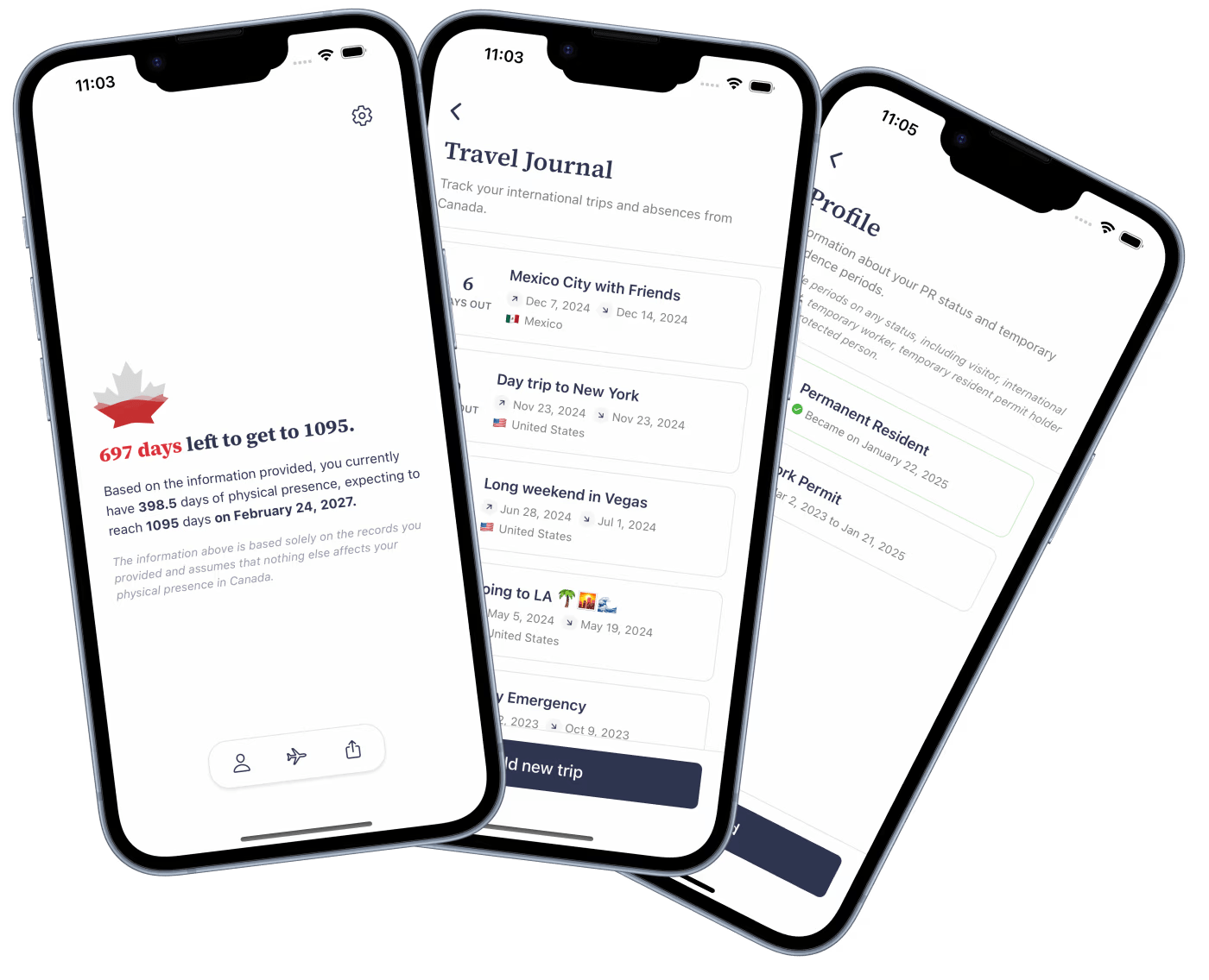 The image displays three smartphone screens showing a Canadian immigration tracking app interface. The left screen features a dashboard with a Canadian flag icon, showing '430 days left to apply for your citizenship' and tracking physical presence (665 days out of 1095 required) with a projected completion date of May 1, 2026. The middle screen shows a 'Profile' page displaying Permanent Resident status (obtained April 10, 2024) and Work Permit information (January 16, 2022 to April 9, 2024). The right screen presents a 'Travel Journal' that documents international trips and absences from Canada, including visits to Mexico City, New York, and Las Vegas, with corresponding dates. The app appears designed to help users track their eligibility requirements for Canadian citizenship by monitoring immigration status, physical presence, and travel history.